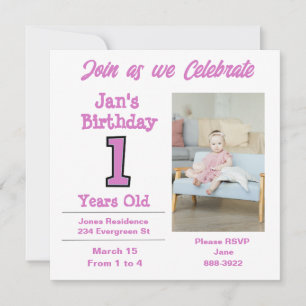 Photo on One Year Old Girl Party Invitation