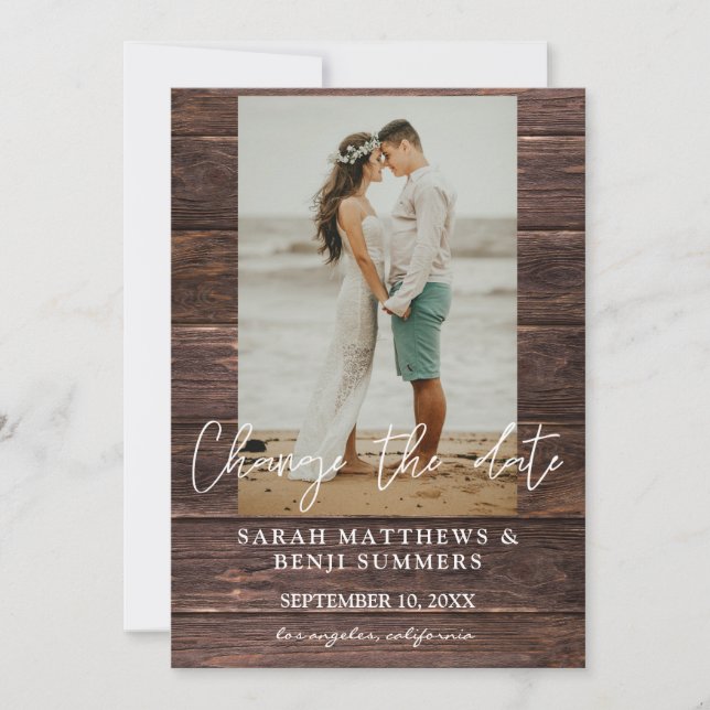 Photo on Wood Change the Date Invitation (Front)