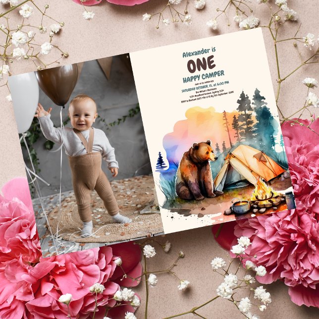 Photo One Happy Camper Wood Boys 1st Birthday Invitation (Creator Uploaded)