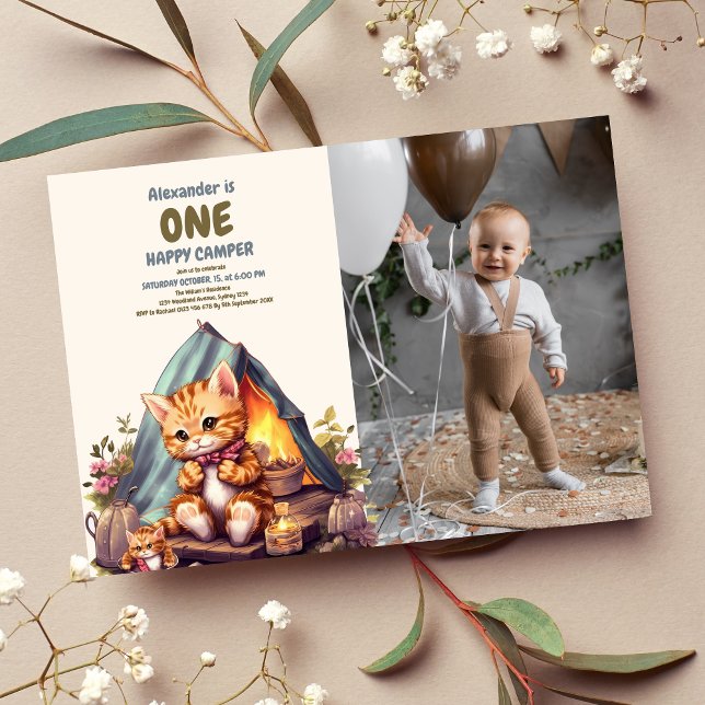 Photo One Happy Camper Woodland Cat 1st Birthday Invitation (Creator Uploaded)