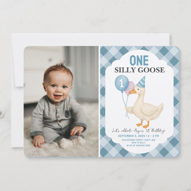 Photo One Silly Goose First Birthday  Invitation (Front)