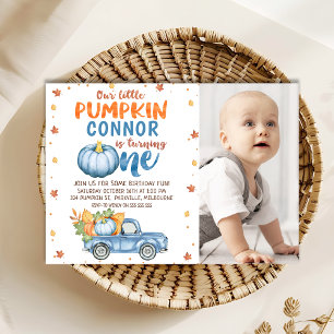 Photo Orange Blue Little Pumpkin 1st Birthday Invitation
