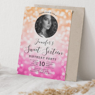 PHOTO Orange Pink Bokeh Lights Sweet 16 Party Invitation