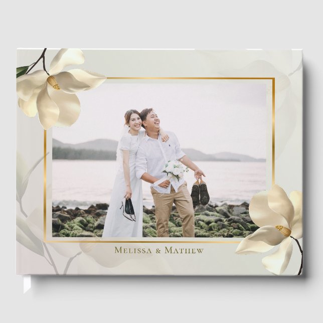 Photo Oriental White Magnolia Wedding Guest Book (Front)