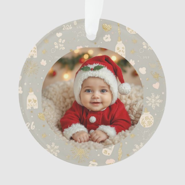 Photo Ornament – Gold Hearts, Bottles & Paw Prints (Front)