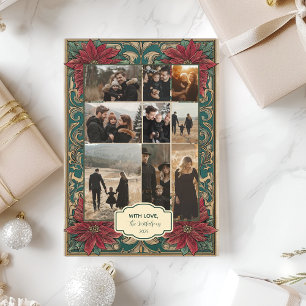 Photo Ornate Poinsettia Christmas Holiday Card