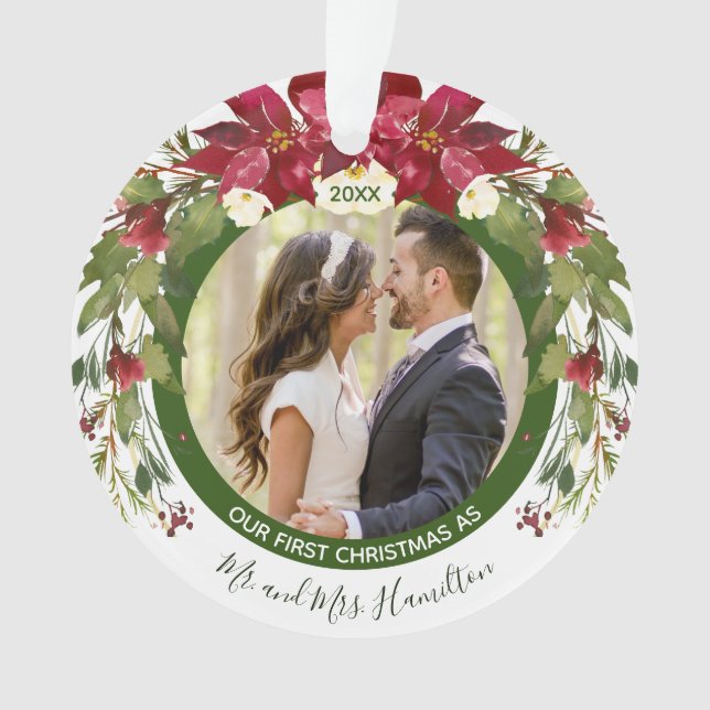 Photo Our 1st Christmas Mr Mrs Poinsettia Floral Ornament (Front)