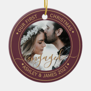 Photo Our First Christmas Engaged Burgundy Ceramic Tree Decoration