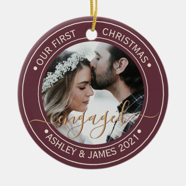 Photo Our First Christmas Engaged Burgundy Ceramic Tree Decoration (Front)