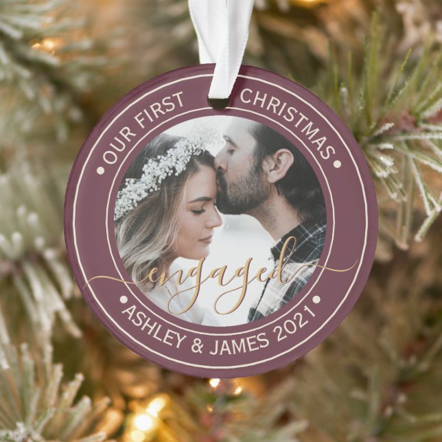Photo Our First Christmas Engaged Burgundy Ornament (Tree)