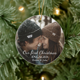 Photo Our First Christmas Engaged Whimsical Script Ceramic Tree Decoration