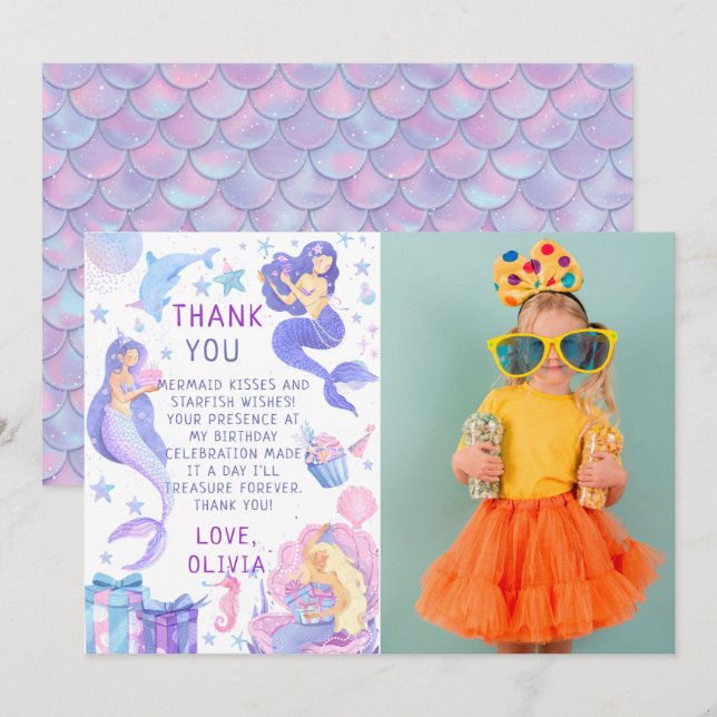 Photo Our Little Mermaid All Ages Birthday Thank You Card (Front/Back)