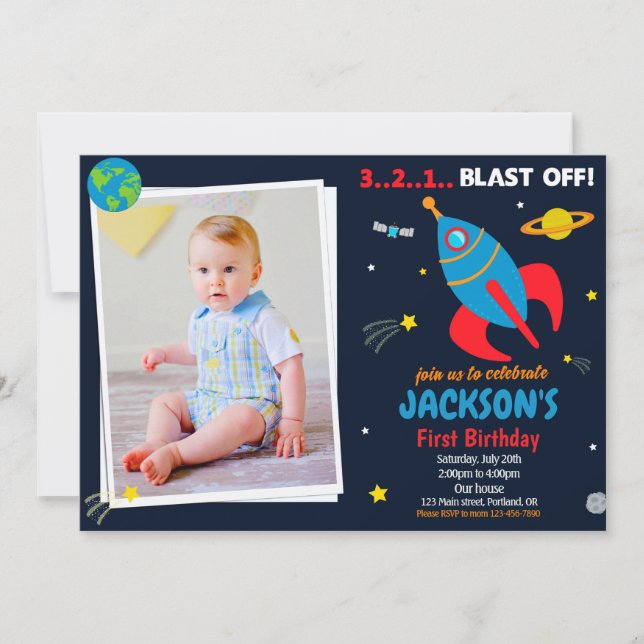 Photo Outer space Rocket birthday invitation boy (Front)