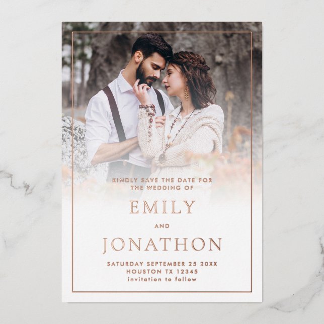 Photo Overlay Border Foil Text Save The Date Card (Front)