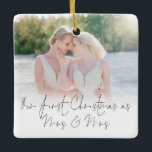 Photo Overlay First Christmas Mrs Mrs Names Year Ceramic Ornament<br><div class="desc">Photo Overlay First Christmas Mrs Mrs Name Year. To celebrate your 1st married holiday season and keepsake for years to come, easily personalise your names and year or wedding date on the back. With an elegant set script for Our First Christmas as Mrs & Mrs along with your photo on...</div>