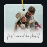 Photo Overlay First Married Christmas Names Year  Ceramic Ornament<br><div class="desc">Photo Overlay First Married Christmas Names Year. To celebrate your first holiday season as newlyweds and keepsake for Chrstmasses to come, easily personalise your names and year or wedding date on the back. With a funky set script and heart motif for First married Christmas along with your photo on the...</div>