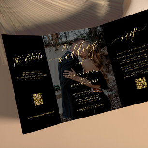 Photo overlay gold black RSVP details QR wedding Tri-Fold Invitation