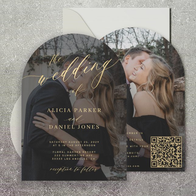 Photo overlay gold script all in one RSVP wedding Invitation (Creator Uploaded)