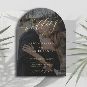 Photo overlay gold script all in one RSVP wedding Invitation