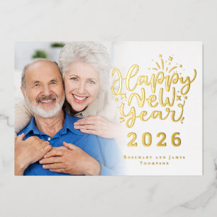 Photo Overlay Happy New Year 2026 Luxury Real Foil Holiday Card