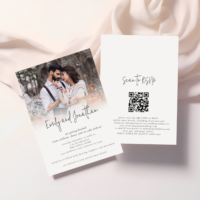 Photo Overlay Informal Script QR Code Wedding Invitation (Front and back view)
