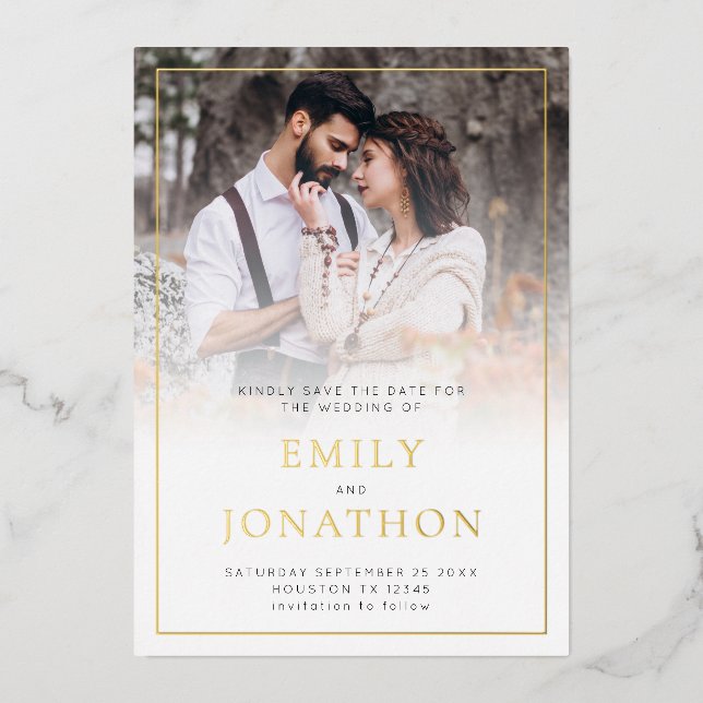 Photo Overlay Line Border Foil Save The Date card (Front)
