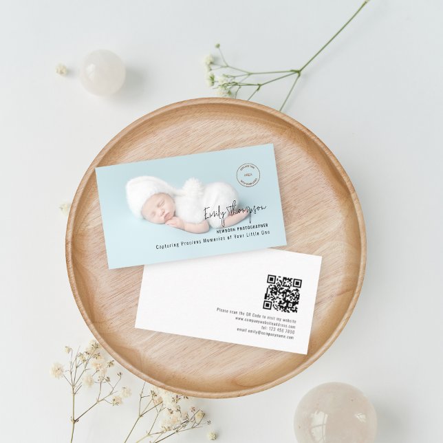 Photo Overlay Logo QR Code Newborn Photographer  Business Card (Creator Uploaded)