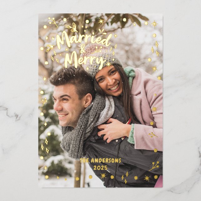 Photo Overlay Married Merry Newlywed Foil Holiday Card (Front)