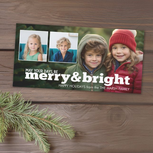 Photo Overlay Merry and Bright Holiday Collage (Add 3 photos to this classic photo card that can be printed or sent out to friends and family.)