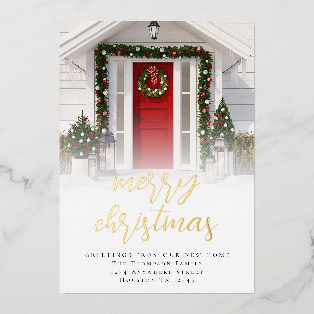Photo Overlay Merry Christmas New Home Luxury Foil Holiday Card (Front)