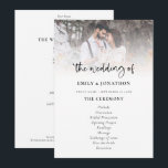 Photo Overlay Modern Script Wedding Program Invitation<br><div class="desc">Photo Overlay Modern Script Wedding Program. Modern minimalist style with your photo to the top edge behind a graduated tint layer with the text partially overlaid on top of your image at the bottom. The main header is in a stylish bold set script and the rest of the text you...</div>