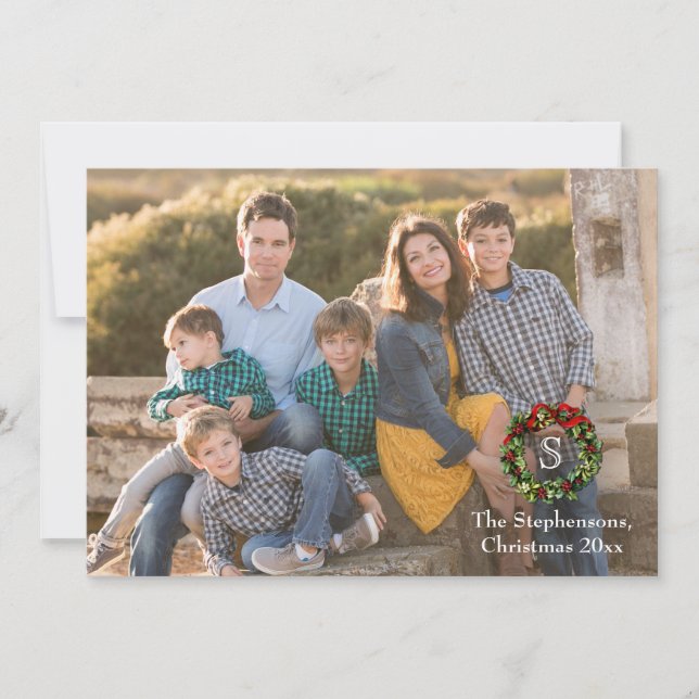 Photo Overlay Monogram Wreath Christmas Photo Card (Front)