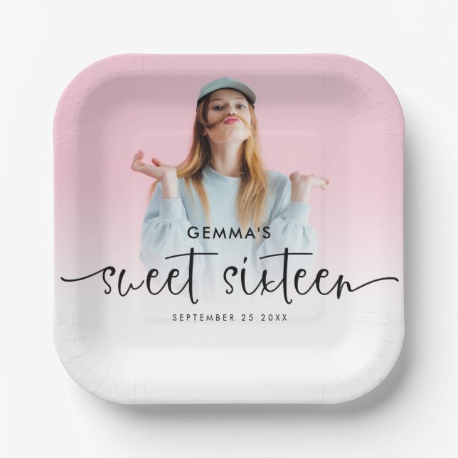 Photo Overlay Name Date Script Sweet Sixteen  Paper Plate (Front)