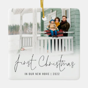 Photo Overlay Name Year First Christmas New Home  Ceramic Ornament