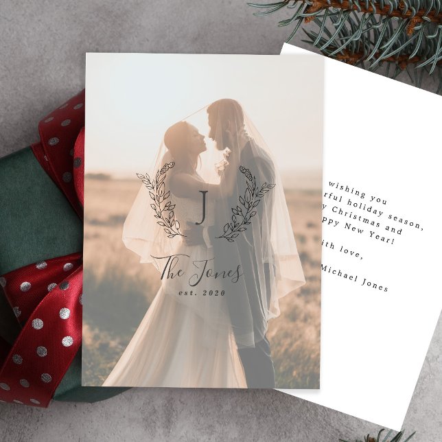Photo overlay newlyweds name monogrammed elegant  holiday card (Creator Uploaded)