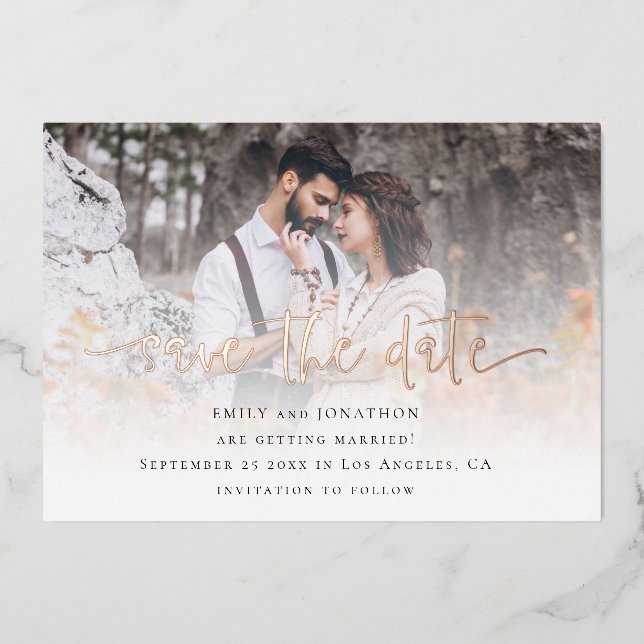 Photo Overlay QR Code Save The Date Rose Gold Real (Front)