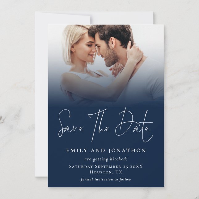 Photo Overlay QR Navy Blue White Script Wedding Save The Date (Front)