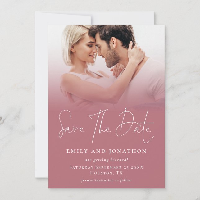 Photo Overlay QR Rose Gold White Script Wedding Save The Date (Front)