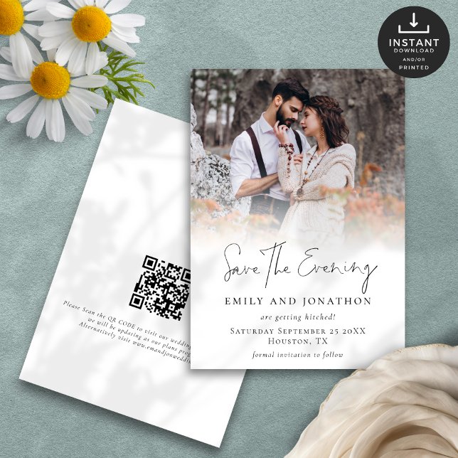 Photo Overlay QR Script Wedding Save the Evening  Date (Front and back view)