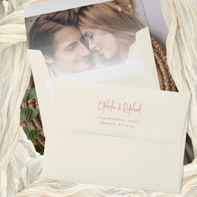 Photo Overlay Return Address Cream Wedding Envelope (Custom photo inside and return name and address on the back flap)