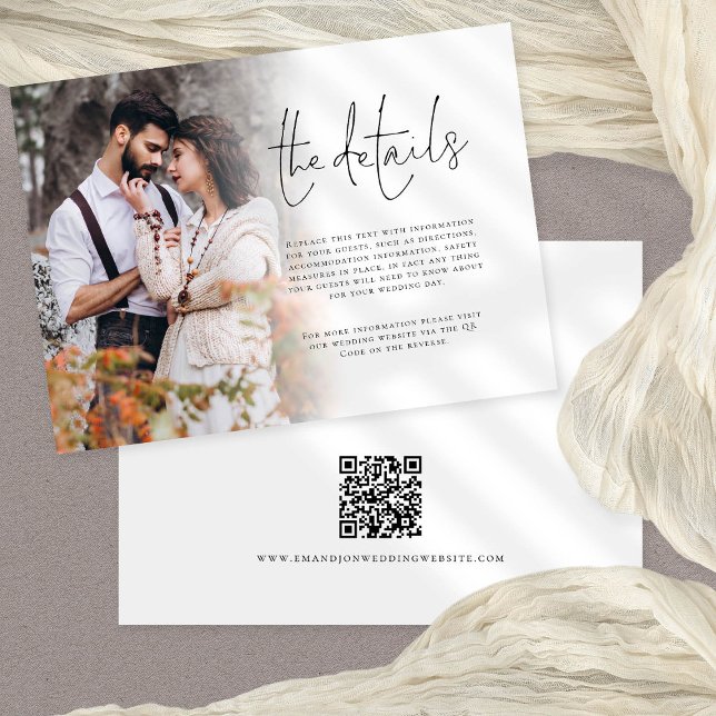Photo Overlay Script QR Code Details Wedding Enclosure Card (Details card with handy QR code for guests to scan to visit your wedding website)