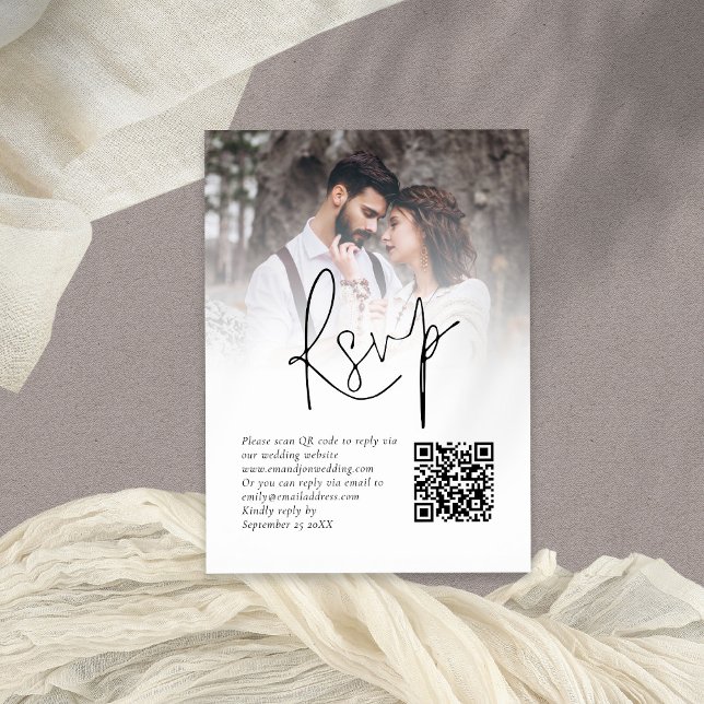 Photo Overlay Script QR Code Wedding RSVP Card (Part of a large wedding collection of matching items)