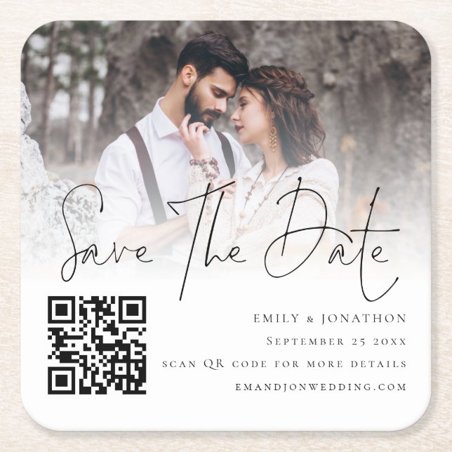 Photo Overlay Script QR Code Wedding Save The Date Square Paper Coaster (Front)