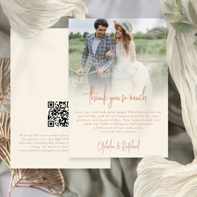 Photo Overlay Script Terracotta Cream Thank You Card (Front and Back View)