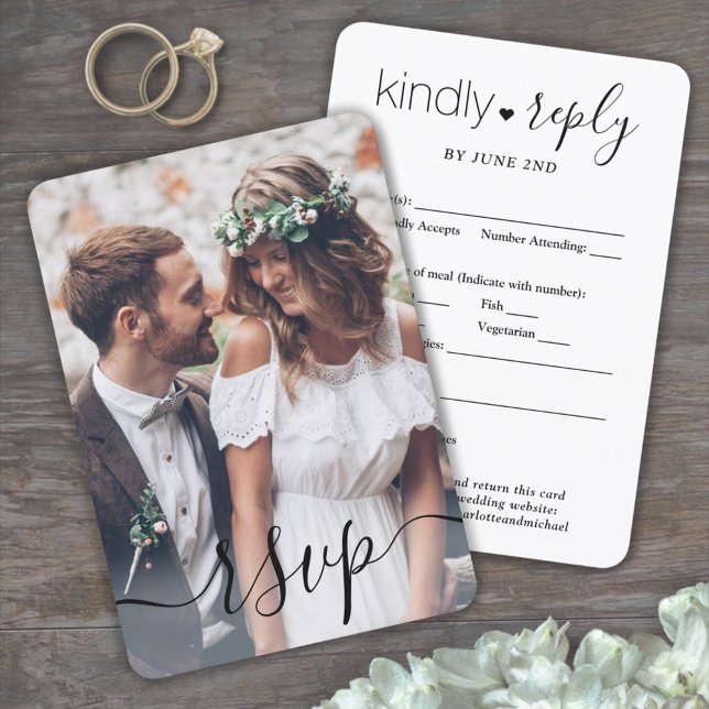 Photo Overlay Simple Script Elegant Wedding Kindly RSVP Card (Creator Uploaded)
