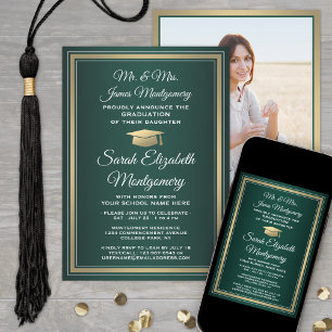 Photo & Parents Names Green Gold Graduation Party Invitation