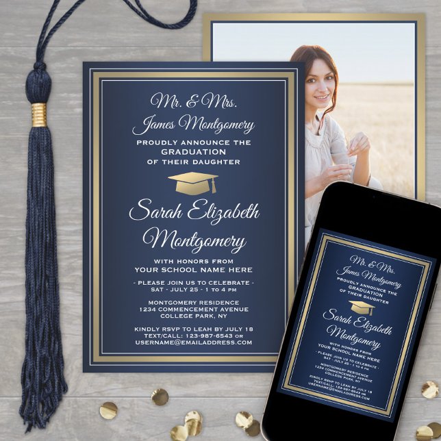 Photo & Parents Names Navy & Gold Graduation Party Invitation (Creator Uploaded)