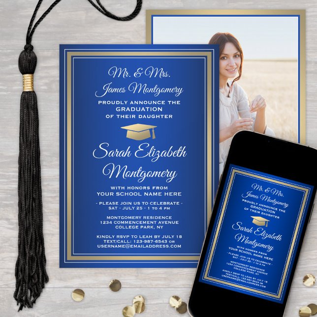 Photo & Parents Names Royal Blue Graduation Party Invitation (Creator Uploaded)