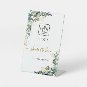 Photo party hashtag eucalyptus greenery pedestal sign