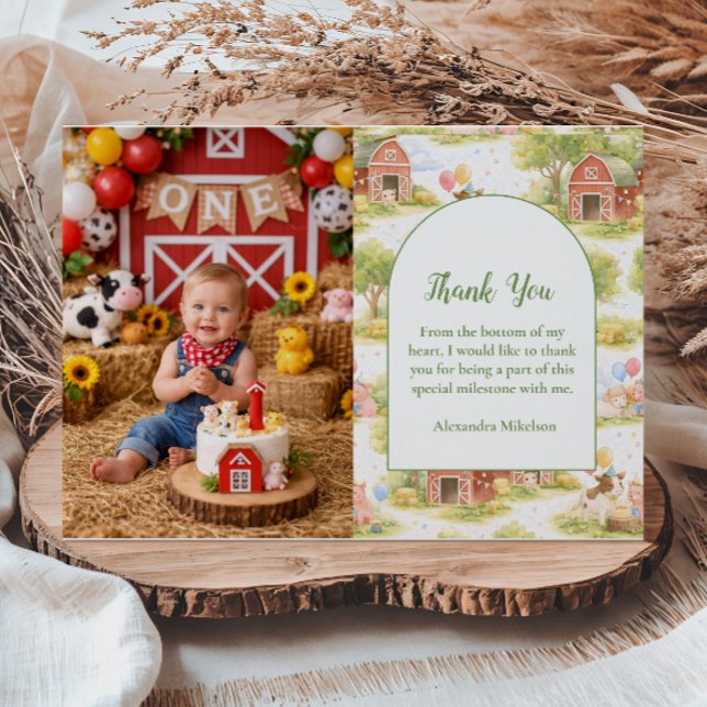 Photo Pastel Farm Animals Barnyard 1st Birthday Thank You Card (Creator Uploaded)